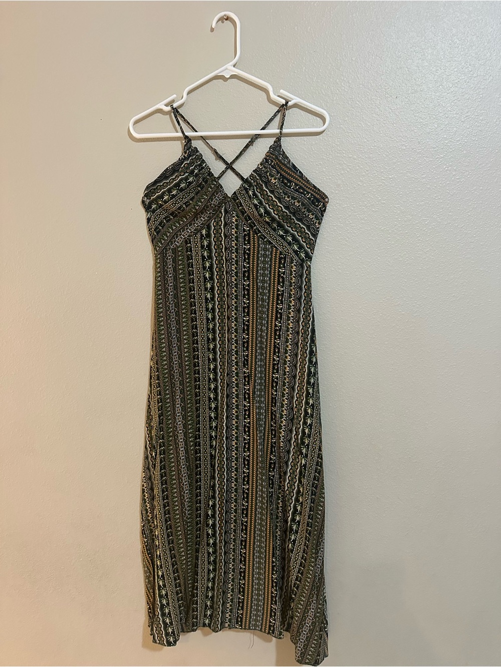 Boho Striped Green Midi Dress with Crisscross Straps
